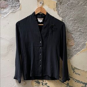 Vintage Silk Button Down with Embroidered Calla Lily Cutout and Shell Buttons